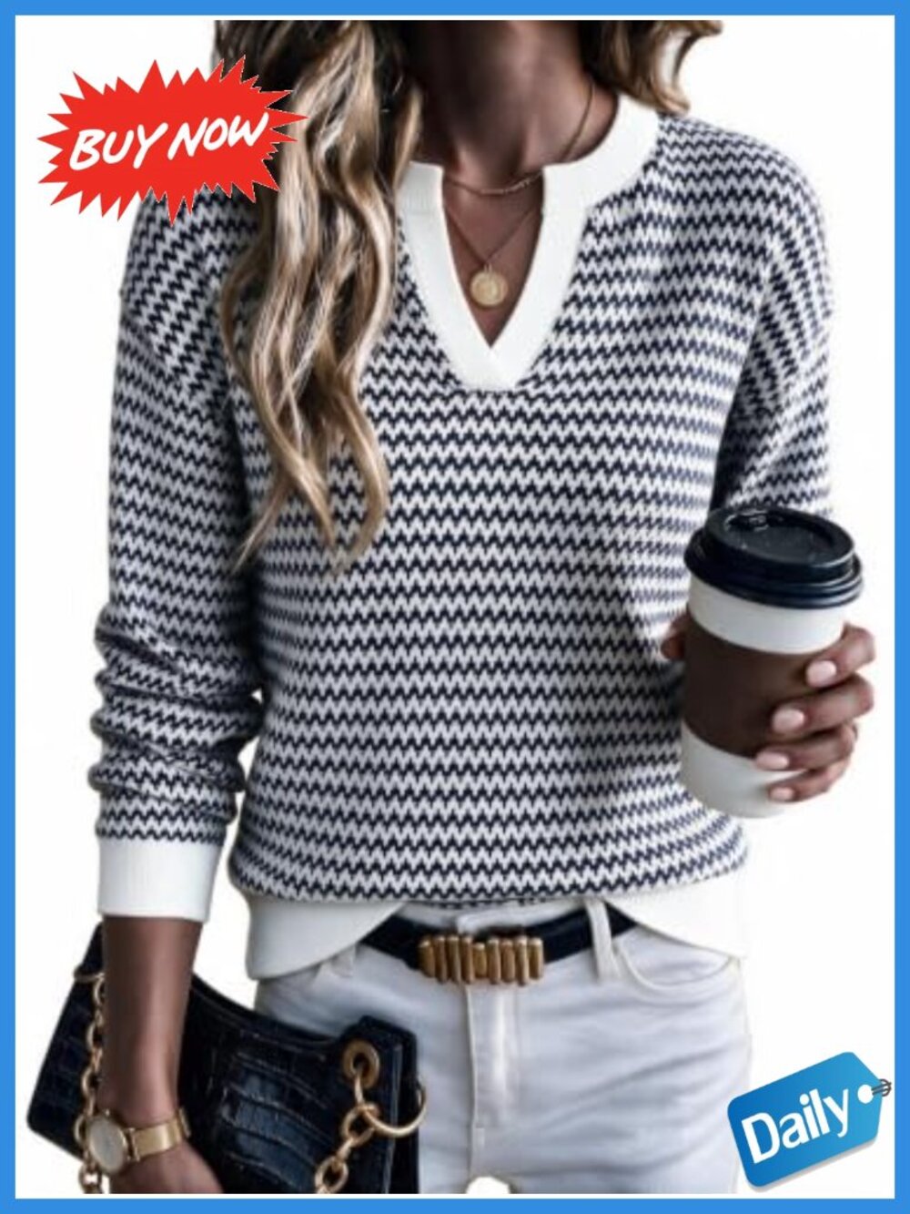 Polo V-Neck Striped Long Sleeve Sweater Pullover Breathable Office Top